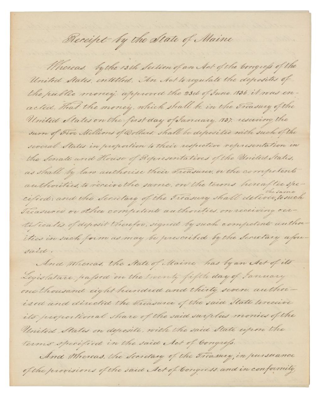 Miniature of Receipt by the State of Maine Regarding Surplus Revenue