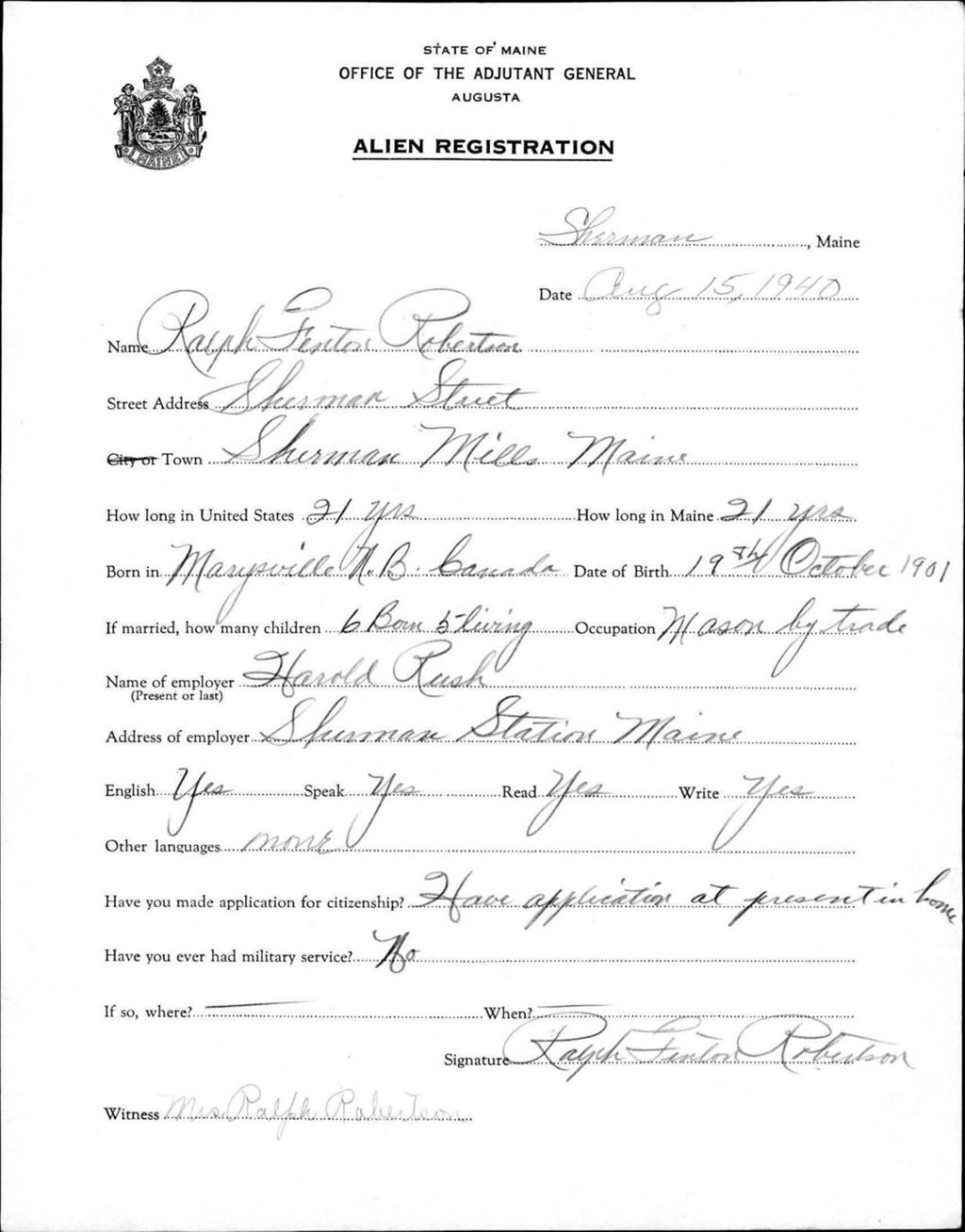 Miniature of Alien Registration- Robertson, Ralph F. (Saint Agatha, Aroostook County)