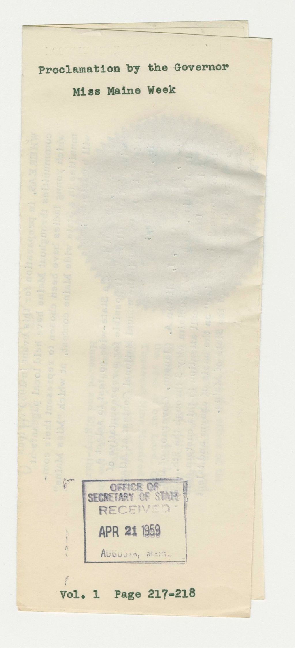 Miniature of Miss Maine Week Proclamation
