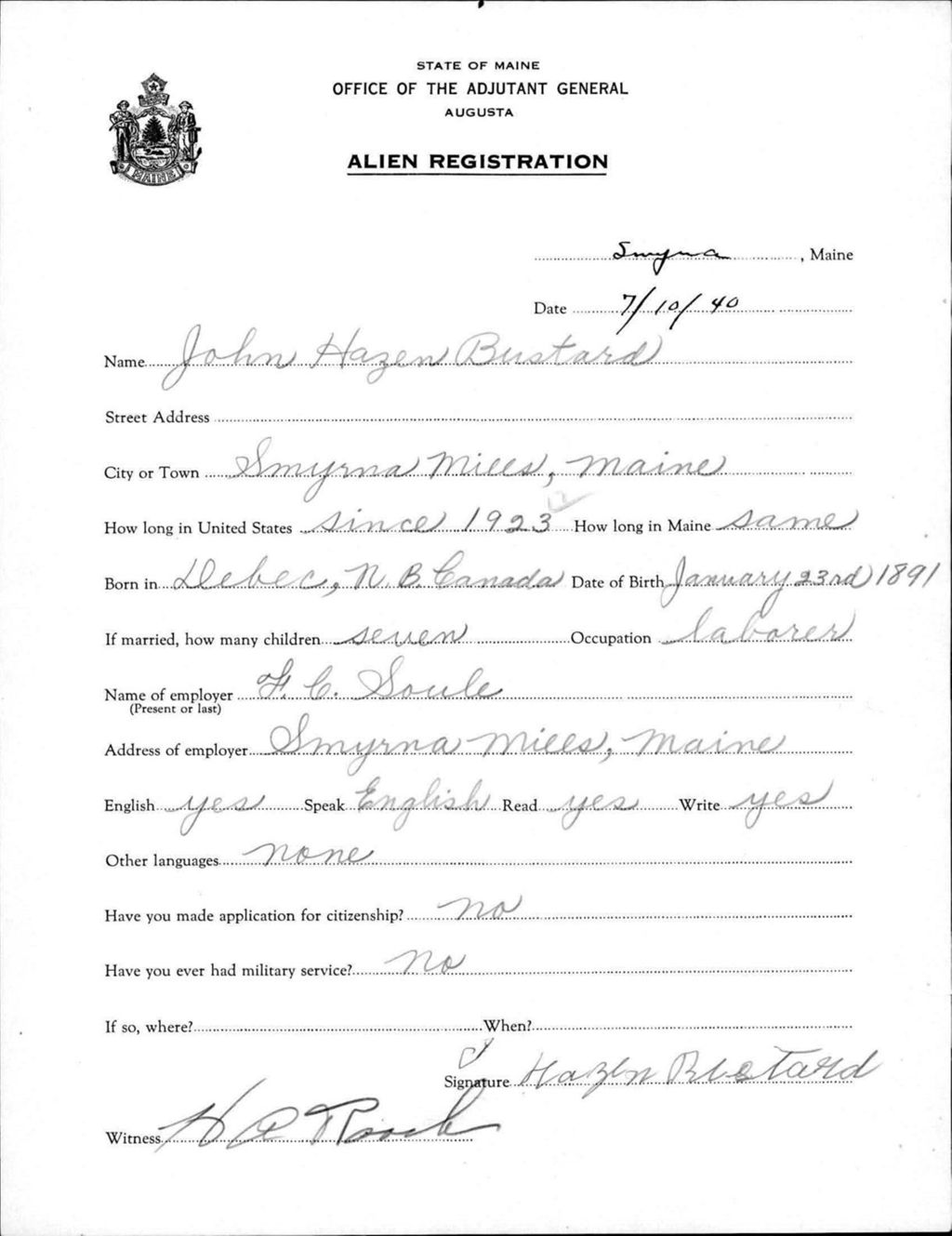 Miniature of Alien Registration- Bustard, John H. (Saint Agatha, Aroostook County)