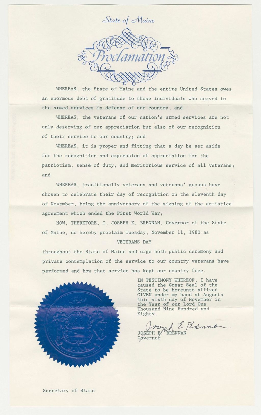 Miniature of Veterans Day Proclamation