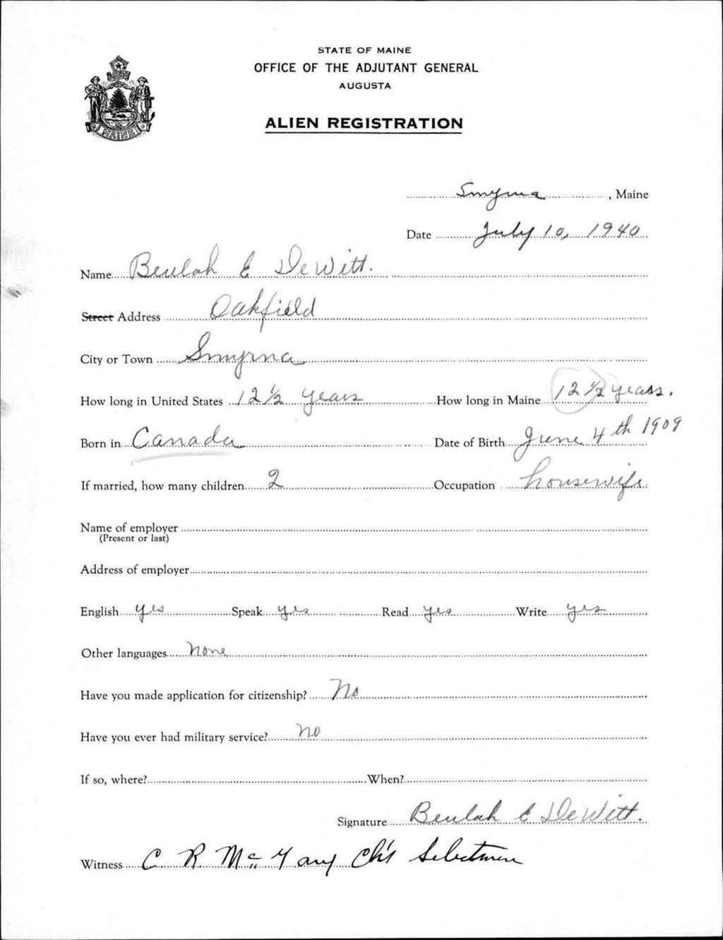 Miniature of Alien Registration- Dewitt, Beulah E. (Saint Agatha, Aroostook County)
