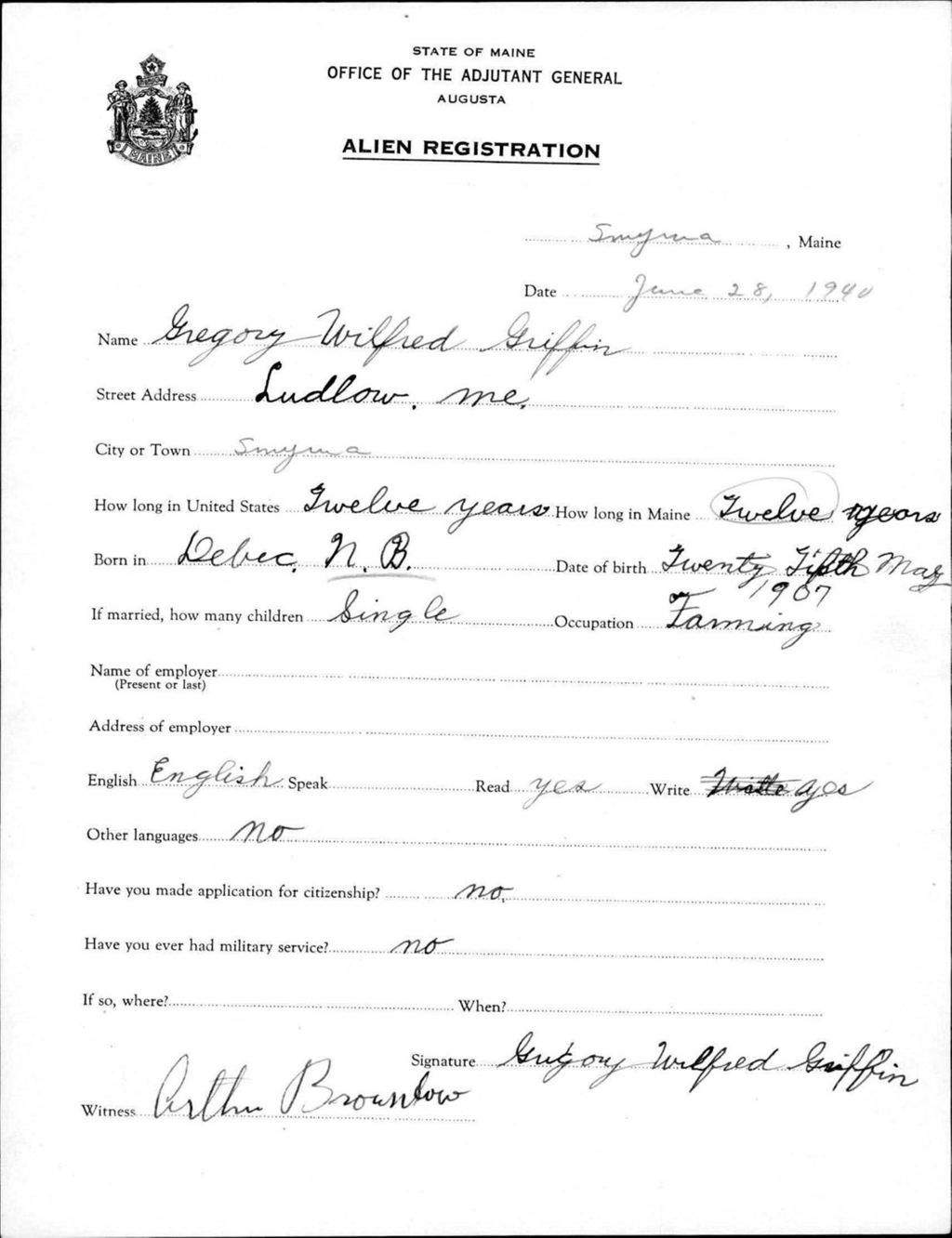 Miniature of Alien Registration- Griffin, Gregory W. (Saint Agatha, Aroostook County)