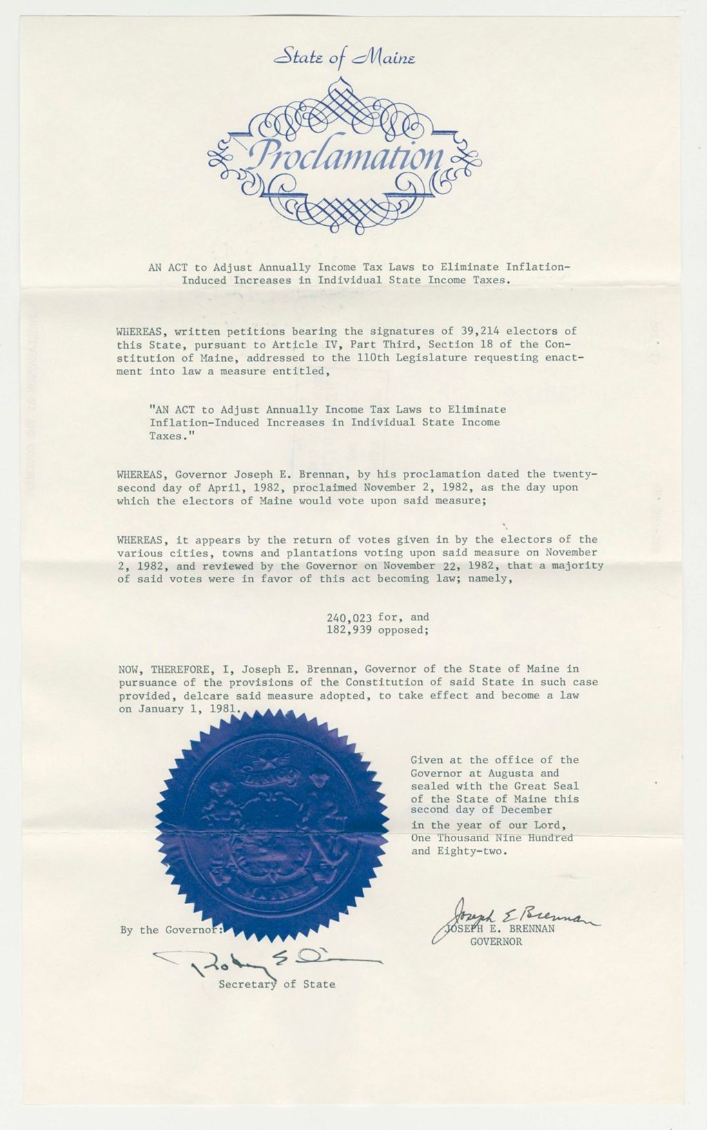 Miniature of Acceptance of Amendment to Adjust Annually Income Tax Laws to Eliminate Inflation-Induced Increases in Individual State Income Taxes