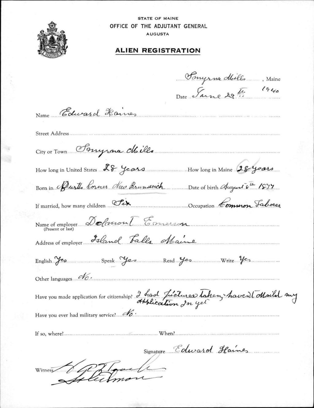 Miniature of Alien Registration- Haines, Edward (Saint Agatha, Aroostook County)