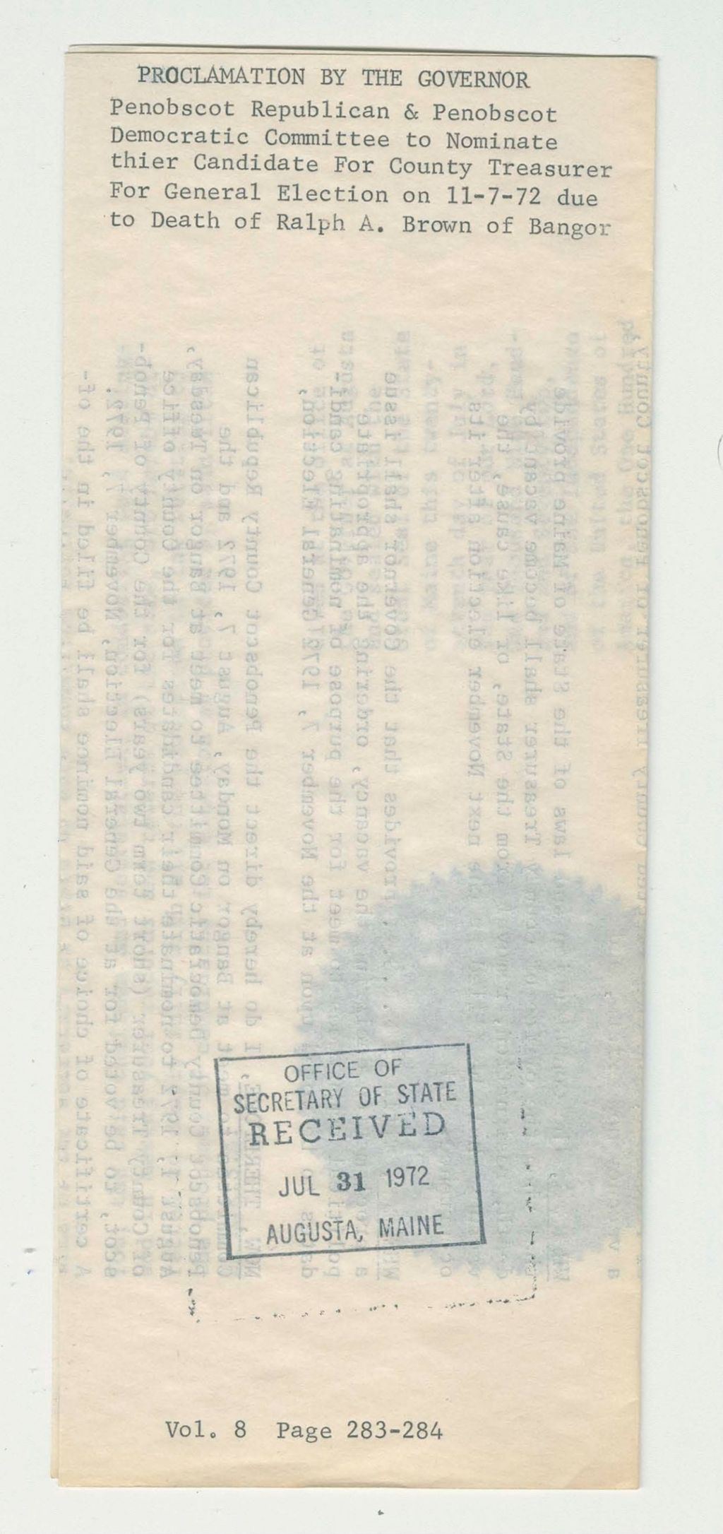 Miniature of Penobscot Republican & Penobscot Democratic Committee to Nominate their Candidate for County Treasurer for General Election on 11-7-72 due to Death of Ralph A. Brown of Bangor