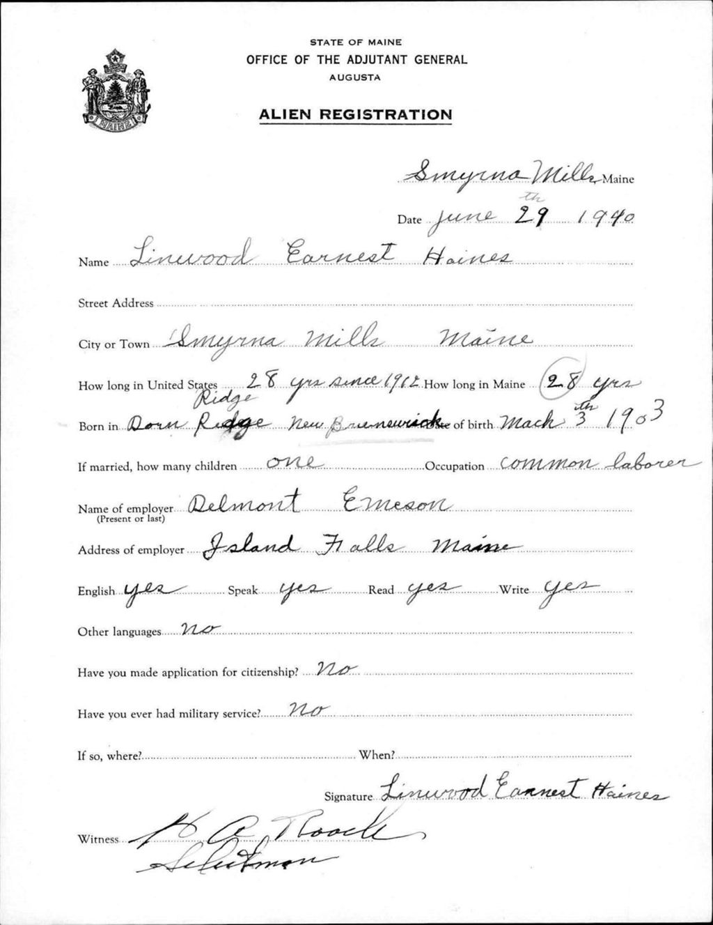Miniature of Alien Registration- Haines, Linwood E. (Saint Agatha, Aroostook County)