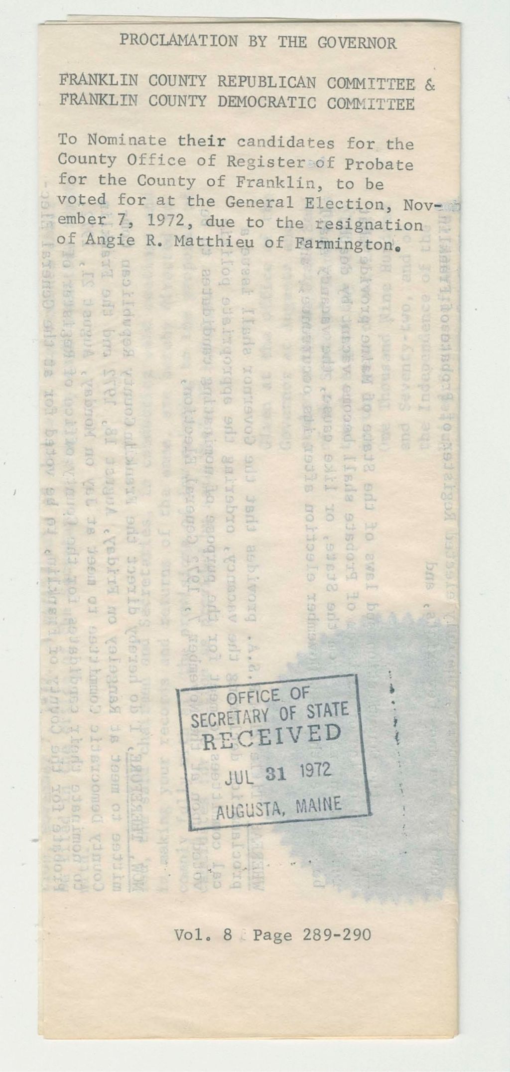 Miniature of Franklin County Republican Committee and Franklin County Democratic Committee to Nominate their candidates for the County Office of Register of Probate for the County of Franklin, to be voted for at the General Election, November 7, 1972, due to the resignation of Angie R. Matthieu of Farmington