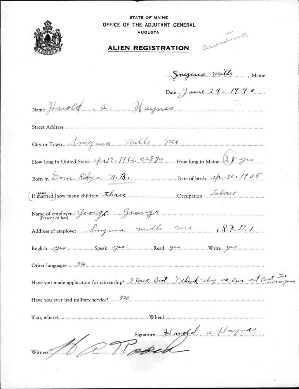 Miniature of Alien Registration- Haynes, Harold A. (Saint Agatha, Aroostook County)