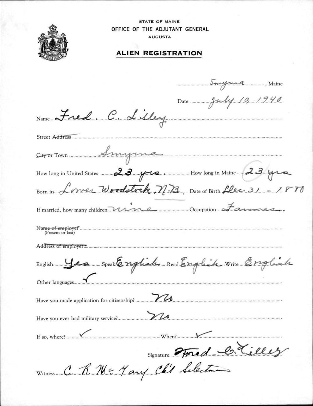 Miniature of Alien Registration- Lilley, Fred C. (Saint Agatha, Aroostook County)