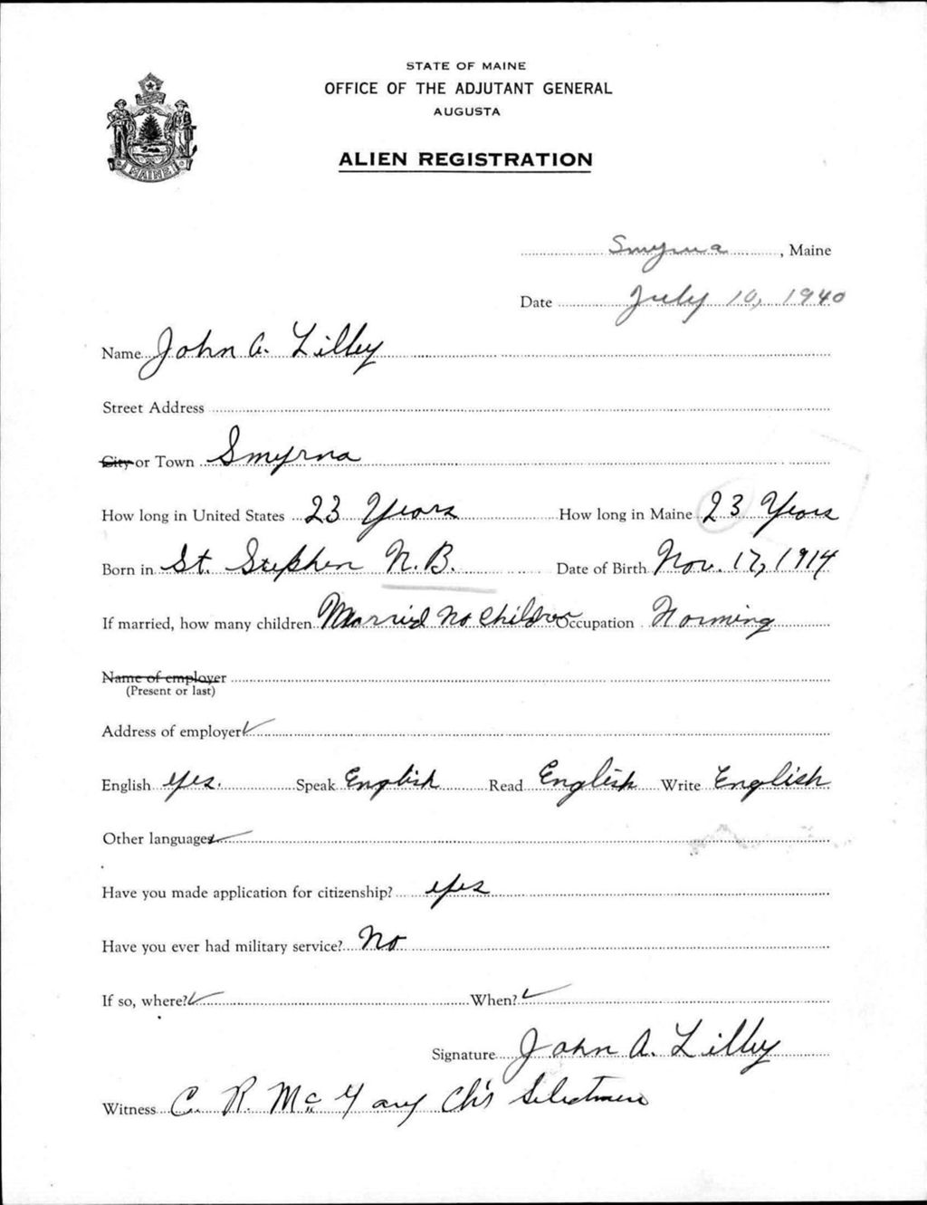 Miniature of Alien Registration- Lilley, John A. (Saint Agatha, Aroostook County)