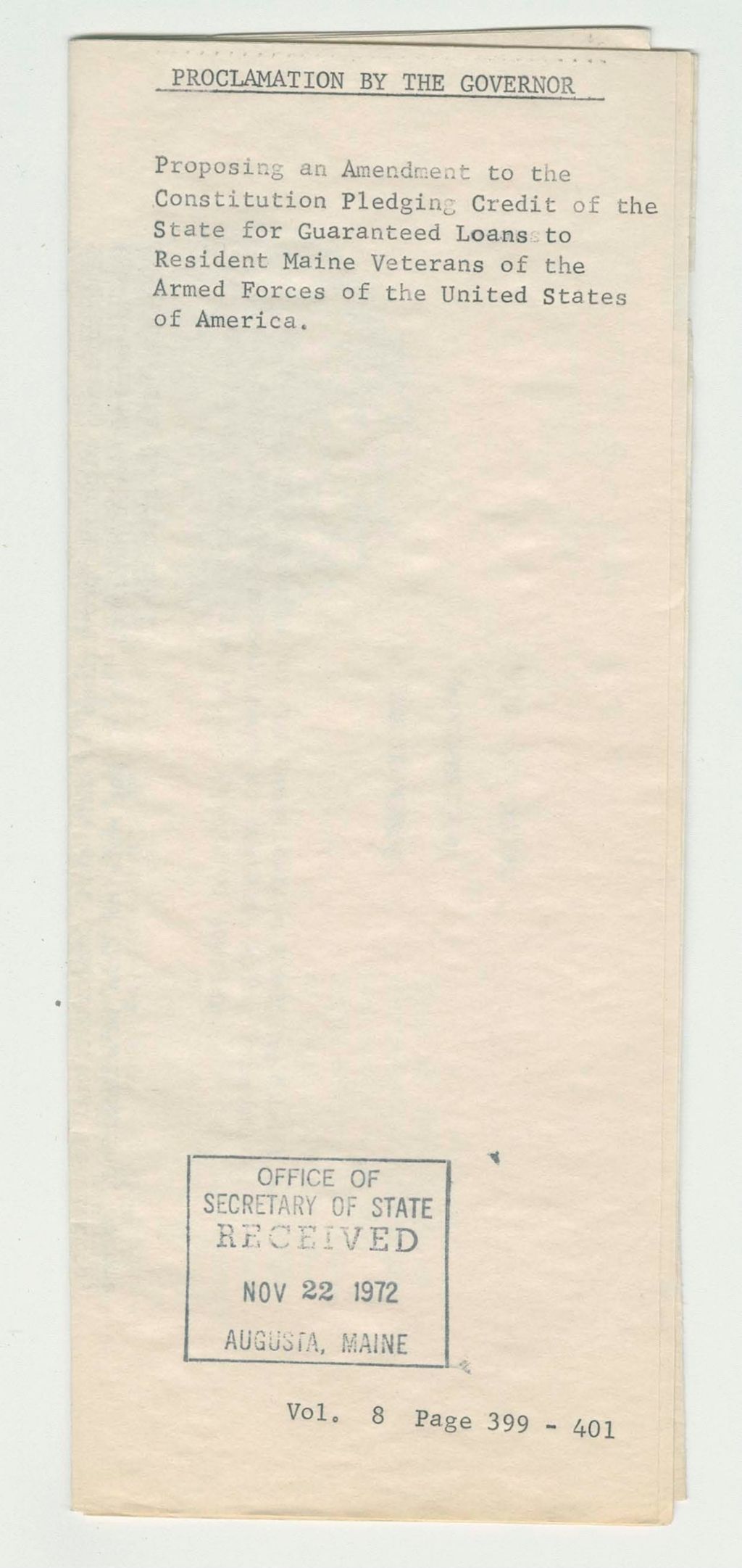 Miniature of Proposing an Amendment to the Constitution Pledging Credit of the State for Guaranteed Loans to Resident Maine Veterans of the Armed Forces of the United States of America