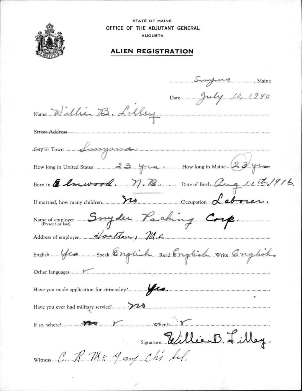Miniature of Alien Registration- Lilley, Willie B. (Saint Agatha, Aroostook County)