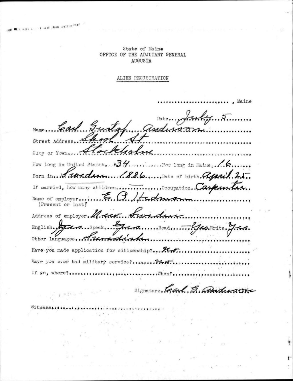 Miniature of Alien Registration- Anderson, Carl G. (Stockholm, Aroostook County)