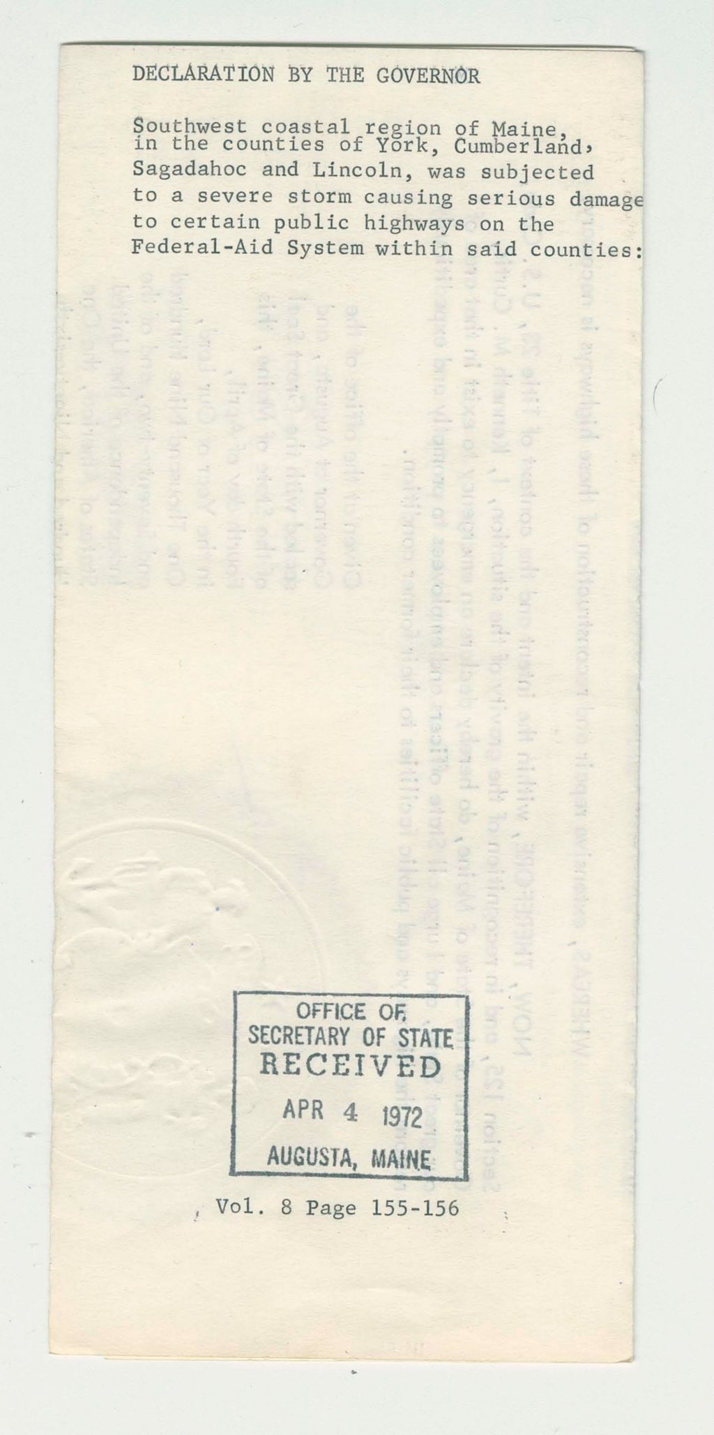 Miniature of Southwest coastal region of Maine in the counties of York, Cumberland, Sagadahoc and Lincoln, was subjected to a severe storm causing serious damage to certain public highways on the Federal-Aid systems within said counties