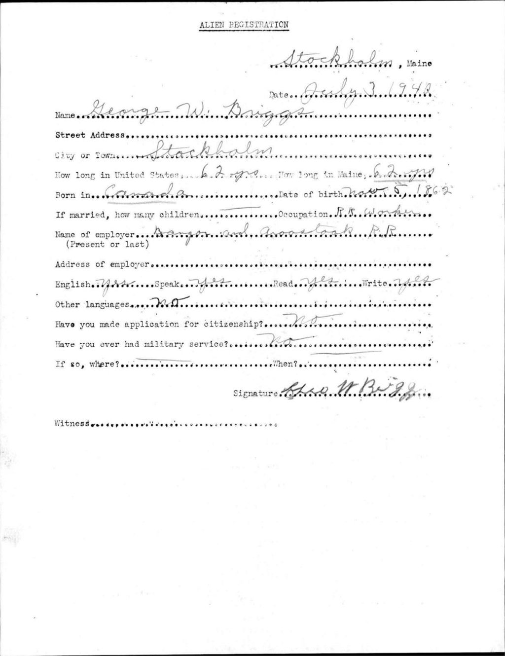 Miniature of Alien Registration- Briggs, George W. (Stockholm, Aroostook County)