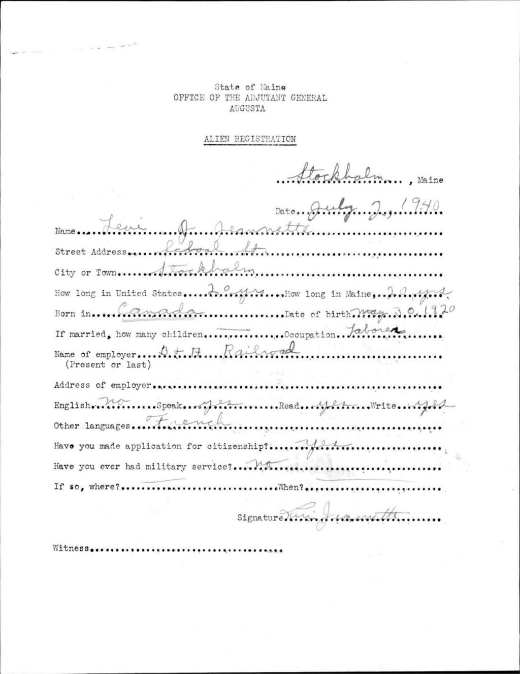 Miniature of Alien Registration- Jeannette, Levi J. (Saint Agatha, Aroostook County)