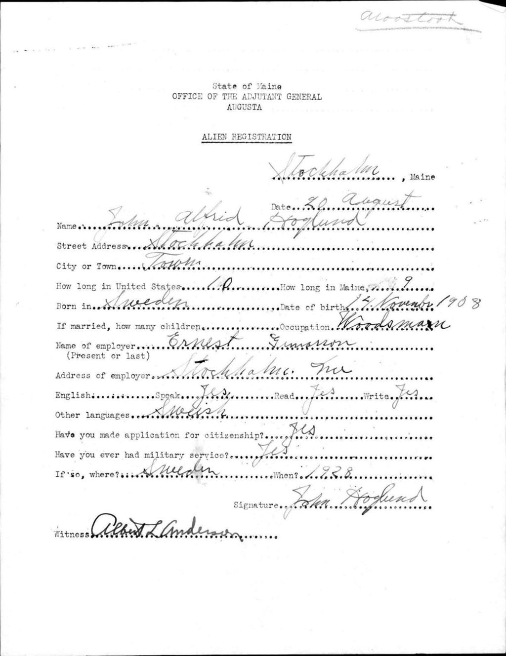 Miniature of Alien Registration- Hoglund, John A. (Saint Agatha, Aroostook County)