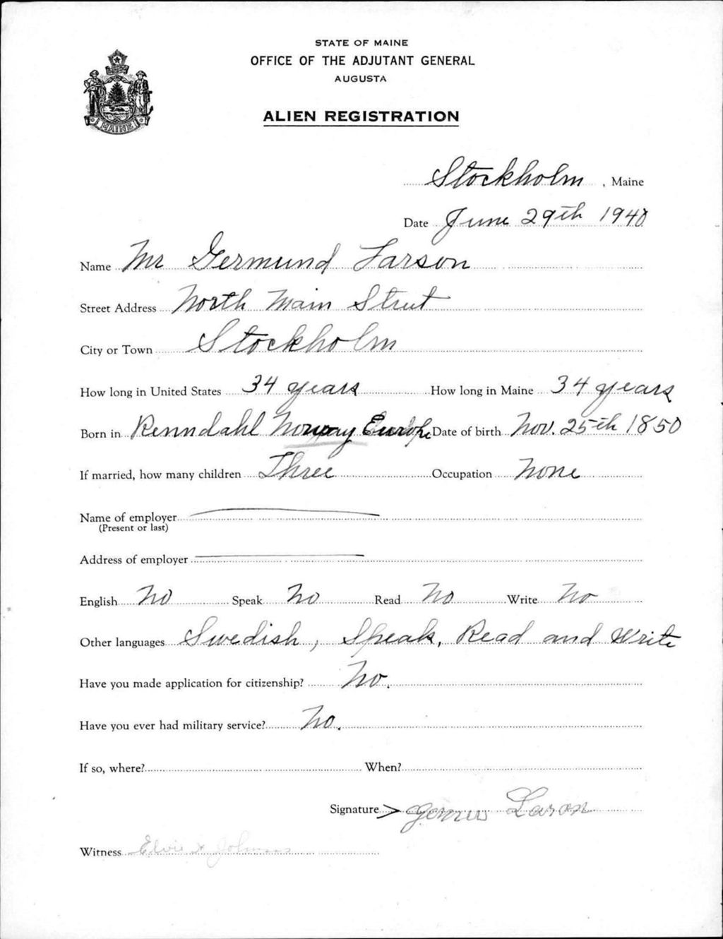 Miniature of Alien Registration- Larson, Germund (Saint Agatha, Aroostook County)