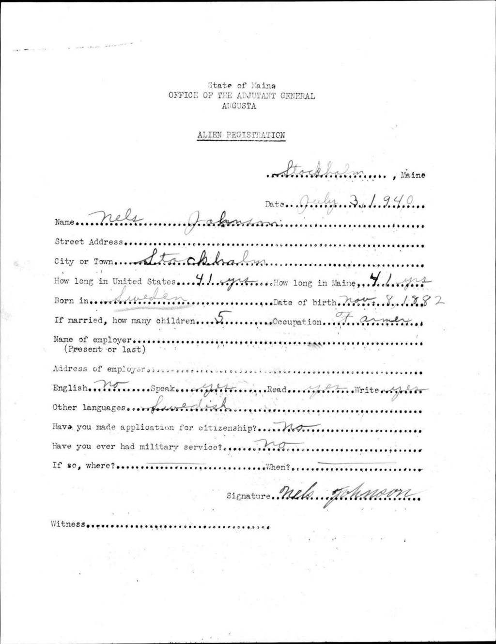 Miniature of Alien Registration- Johnson, Nels (Saint Agatha, Aroostook County)
