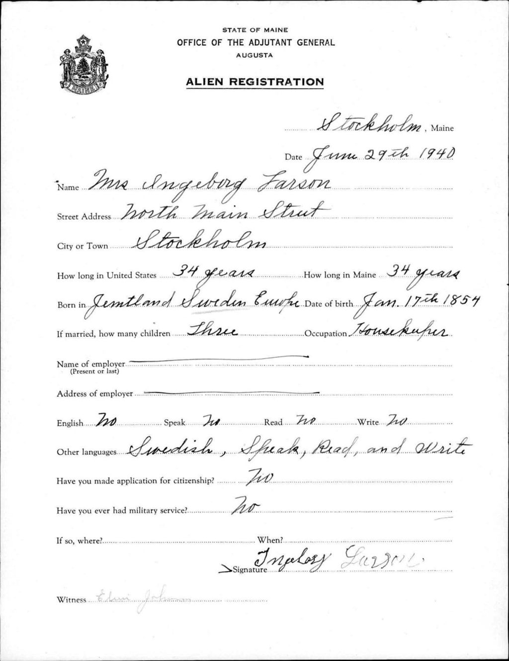 Miniature of Alien Registration- Larson, Ingeberg (Saint Agatha, Aroostook County)