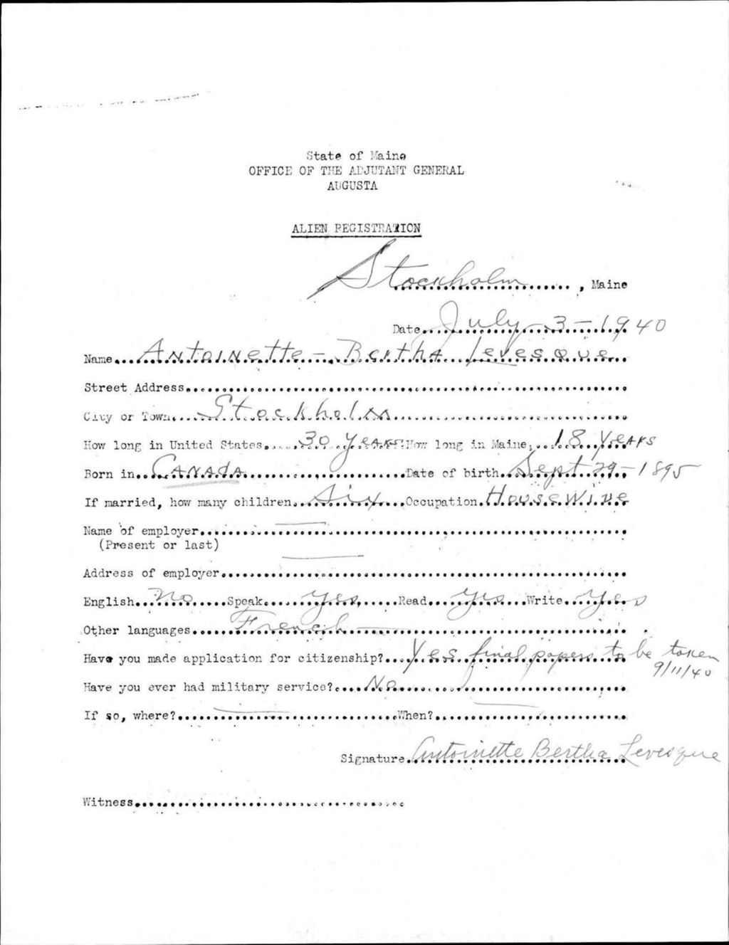 Miniature of Alien Registration- Levesque, Antoinette-Bertha (Saint Agatha, Aroostook County)