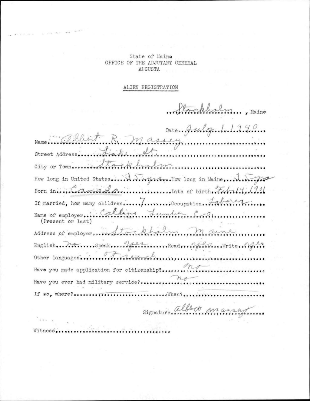 Miniature of Alien Registration- Massey, Albert R. (Saint Agatha, Aroostook County)