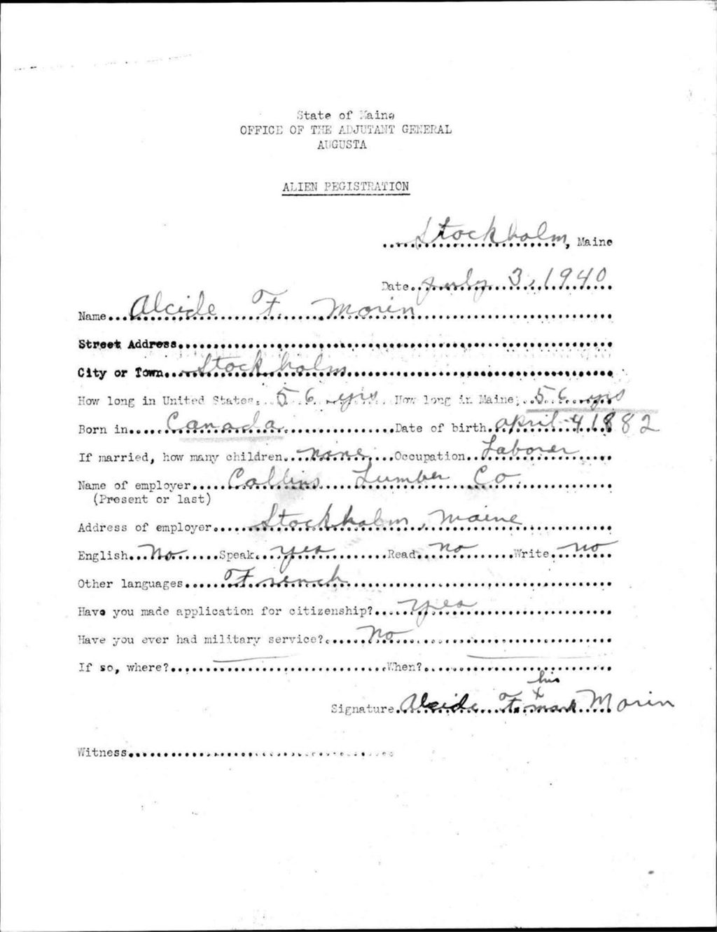 Miniature of Alien Registration- Morin, Alcide F. (Saint Agatha, Aroostook County)