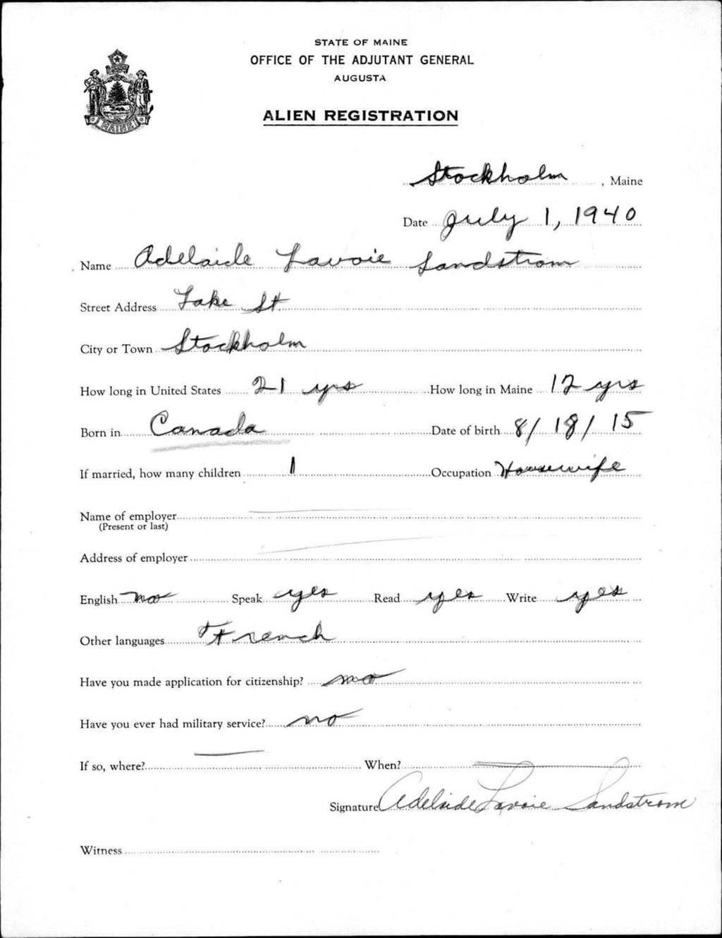 Miniature of Alien Registration- Lavoie, Adelaide (Saint Agatha, Aroostook County)