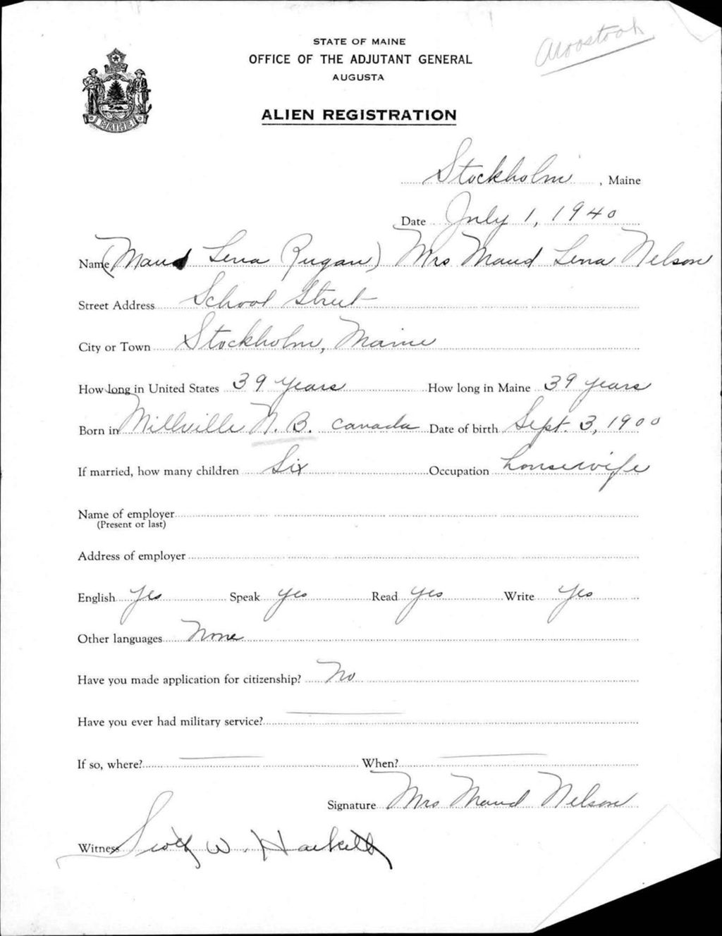 Miniature of Alien Registration- Rugan, Maud L. (Saint Agatha, Aroostook County)