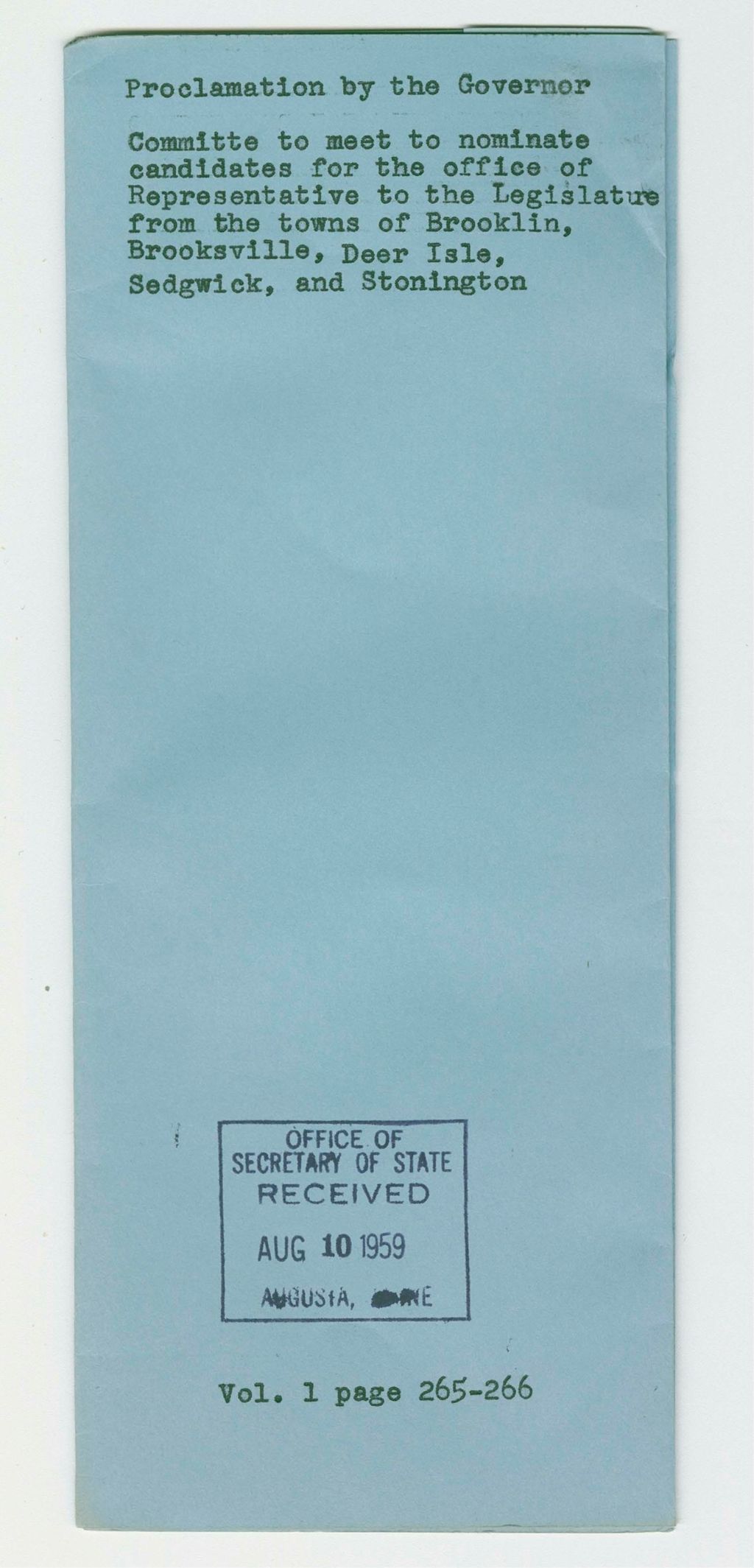 Miniature of Committee to meet to nominate candidates for the office of Representative to the Legislature from the towns of Brooklin, Brooksville, Deer Isle, Sedgwick, and Stonington