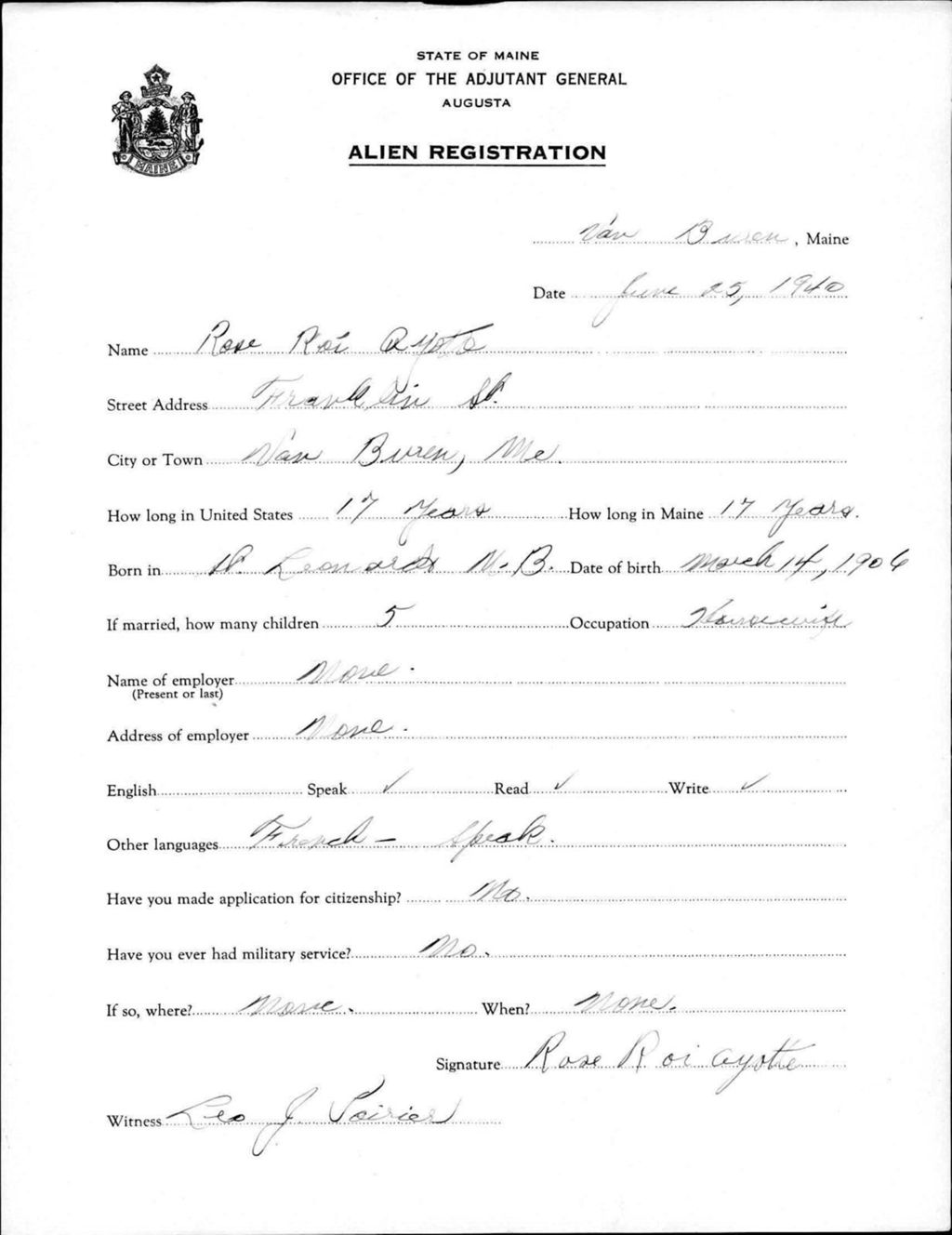 Miniature of Alien Registration- Roi, Rose (Van Buren, Aroostook County)