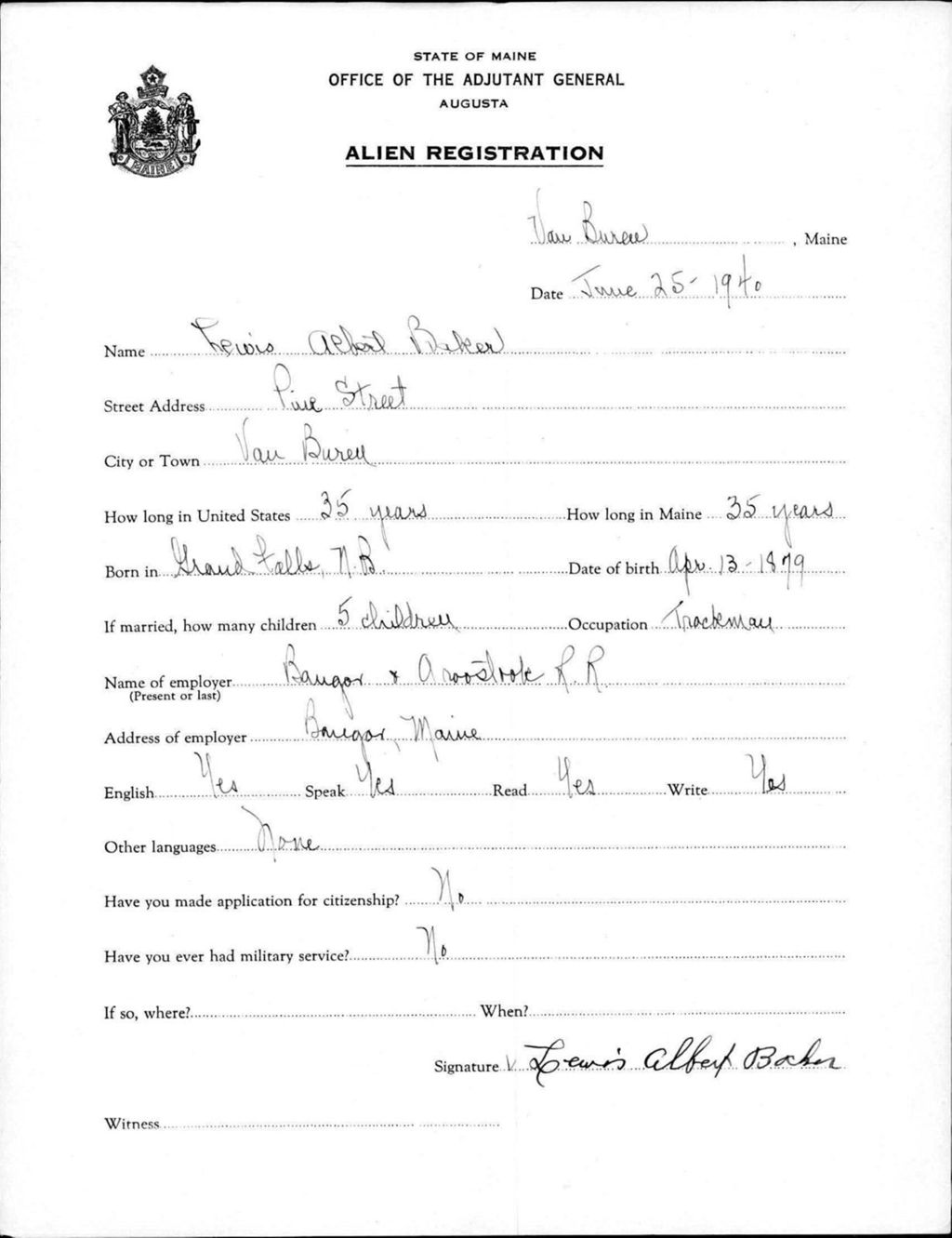 Miniature of Alien Registration- Baker, Lewis A. (Van Buren, Aroostook County)