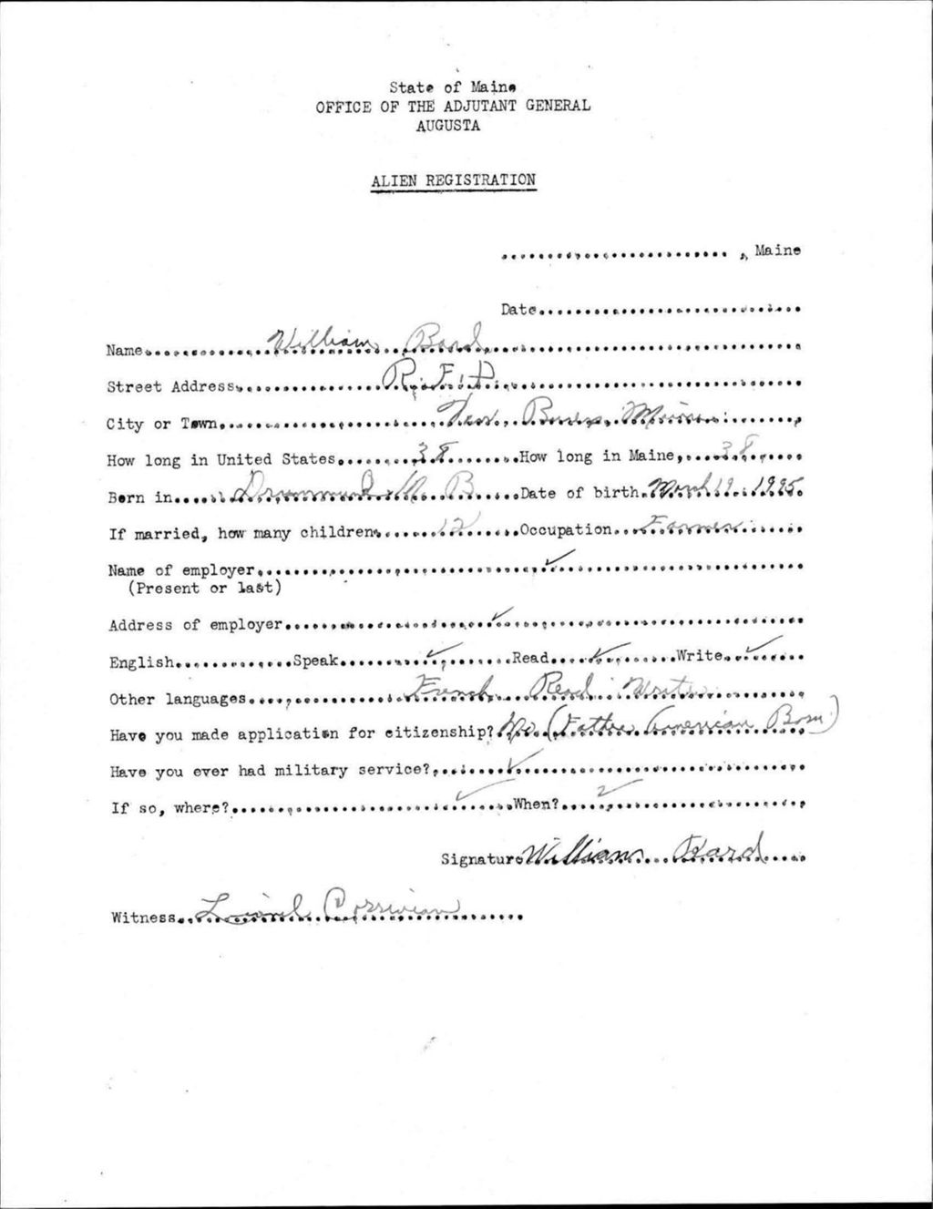 Miniature of Alien Registration- Bard, William (Van Buren, Aroostook County)