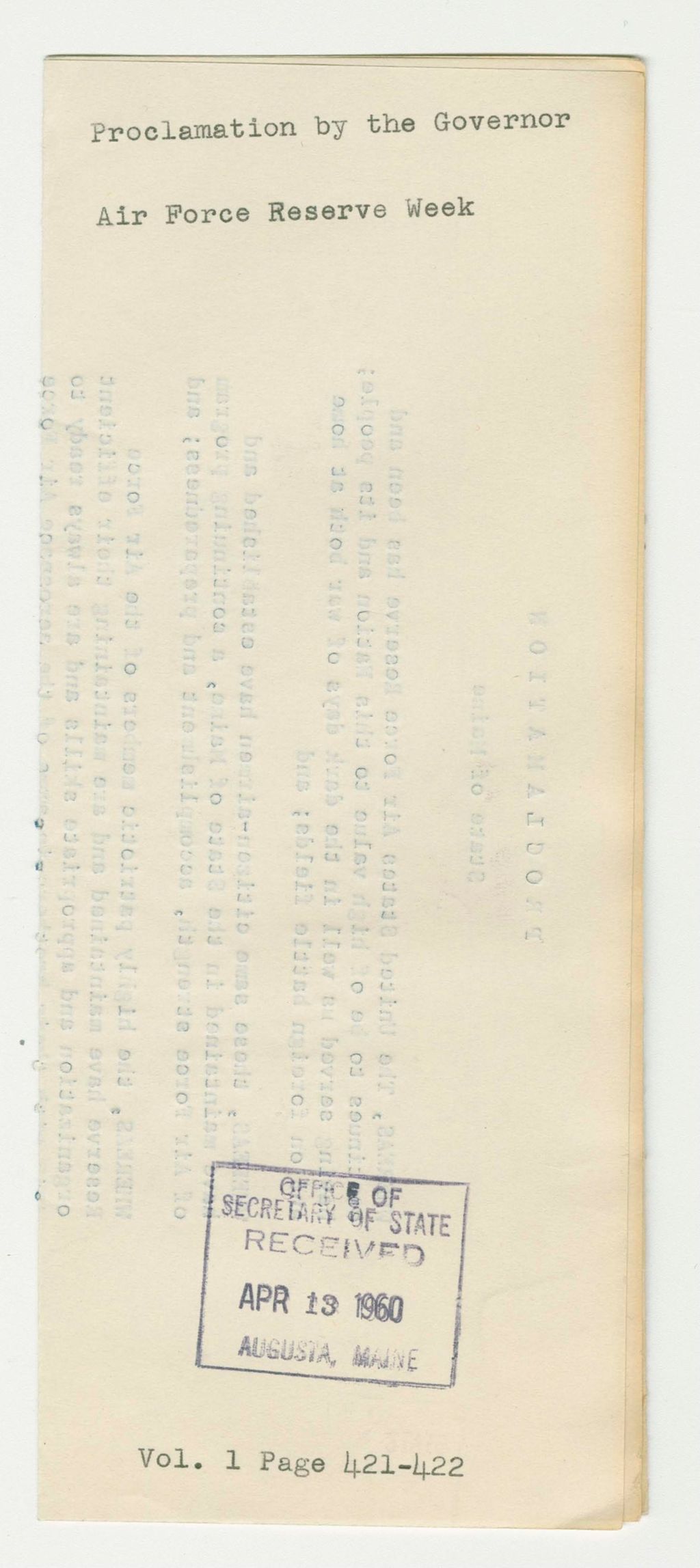 Miniature of Air Force Reserve Week Proclamation