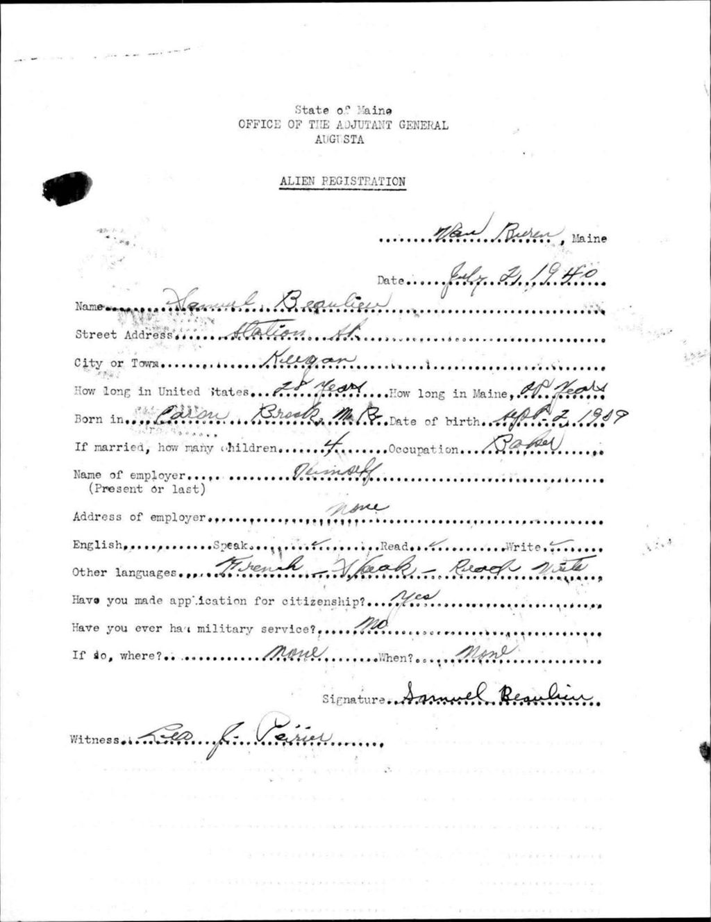 Miniature of Alien Registration- Beaulieu, Samuel (Van Buren, Aroostook County)
