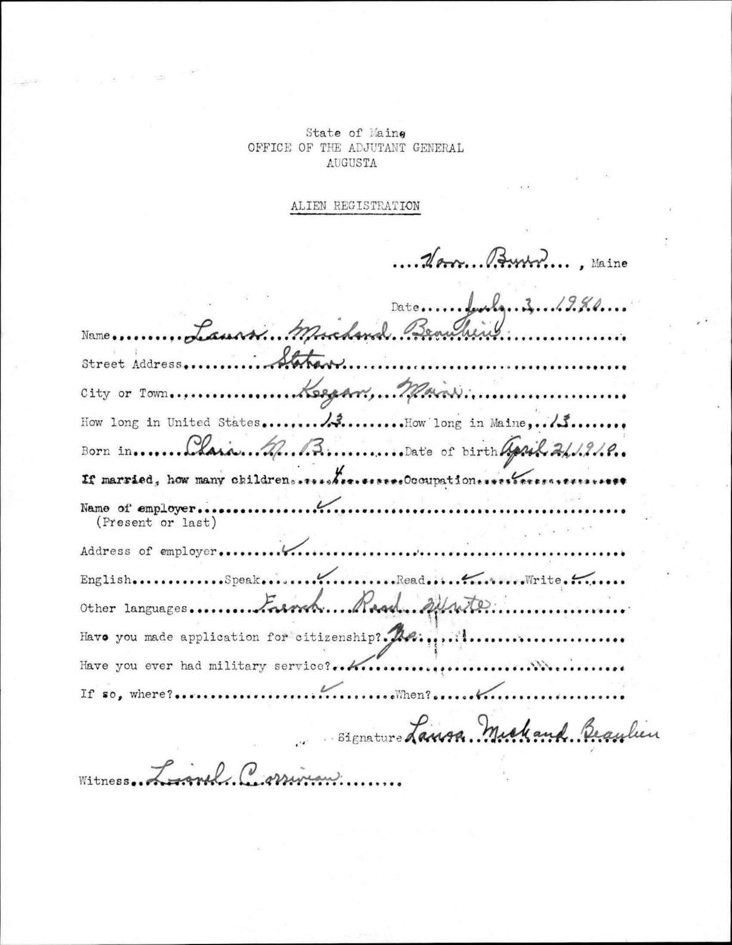 Miniature of Alien Registration- Michaud, Laura (Van Buren, Aroostook County)