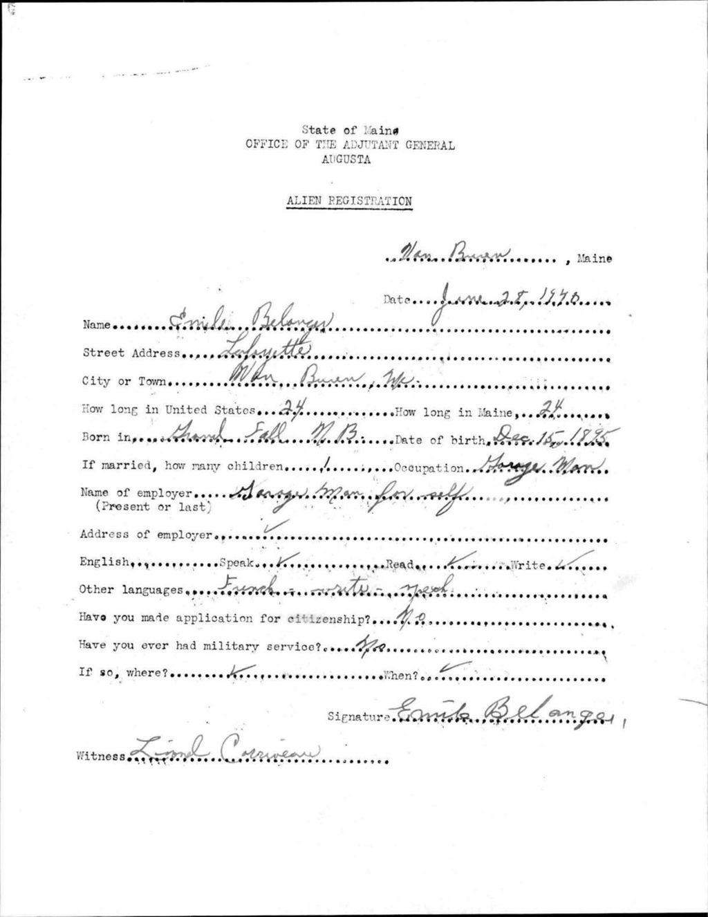 Miniature of Alien Registration- Belanger, Emile (Van Buren, Aroostook County)