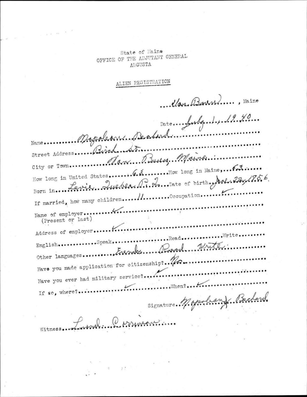 Miniature of Alien Registration- Bechard, Napolean (Van Buren, Aroostook County)