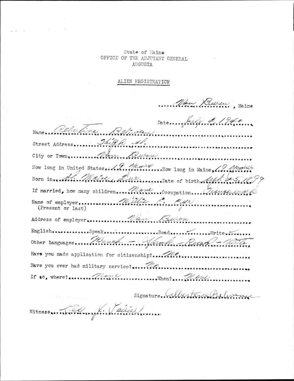 Miniature of Alien Registration- Beliveau, Albertine (Van Buren, Aroostook County)