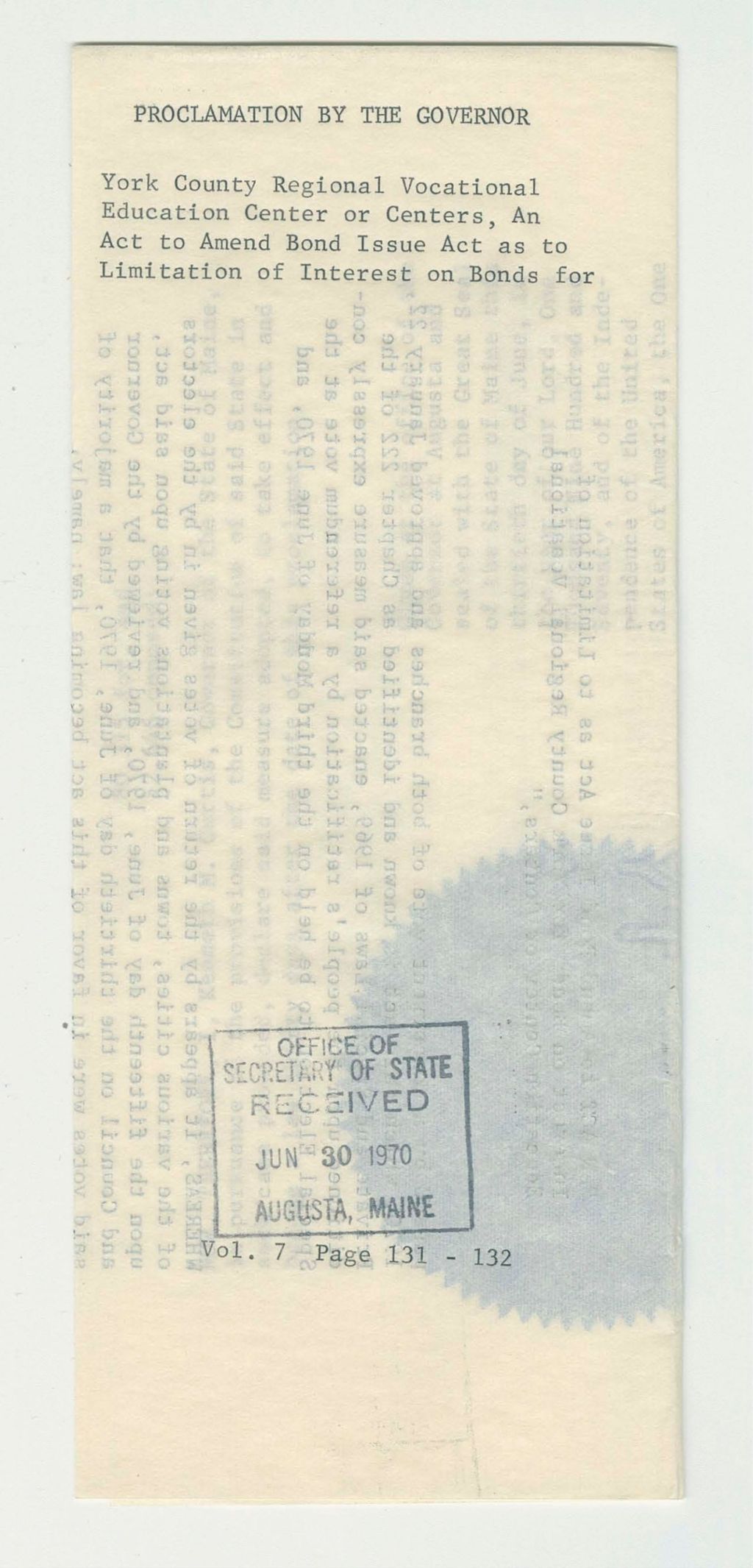 Miniature of York County Regional Vocational Education Center or Centers, An Act to Amend Bond Issue Act as to Limitation of Interest on Bonds for