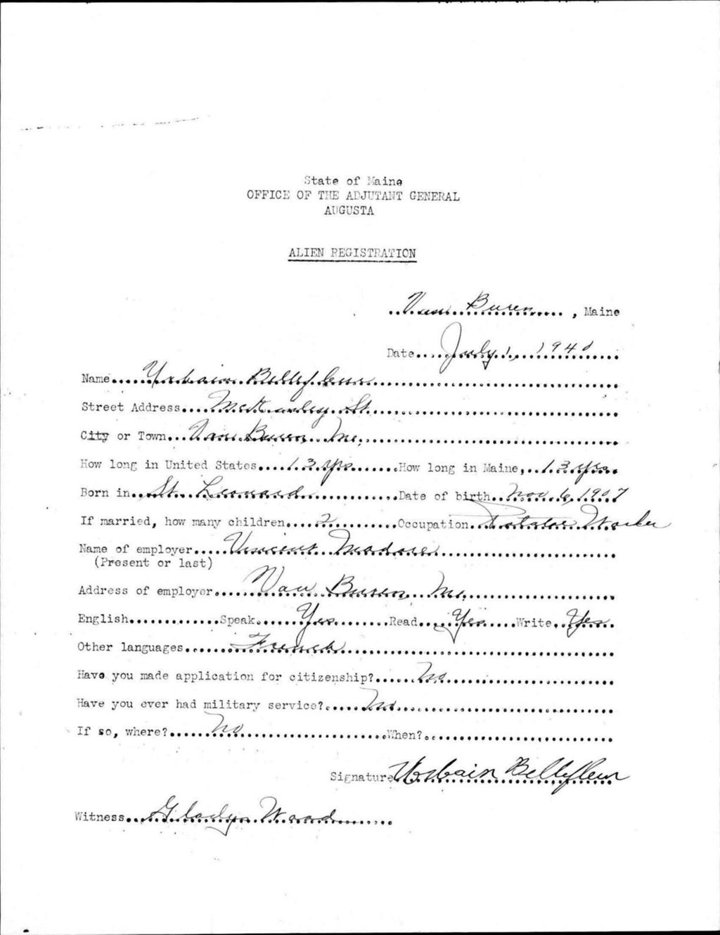 Miniature of Alien Registration- Bellefleur, Urbain (Van Buren, Aroostook County)