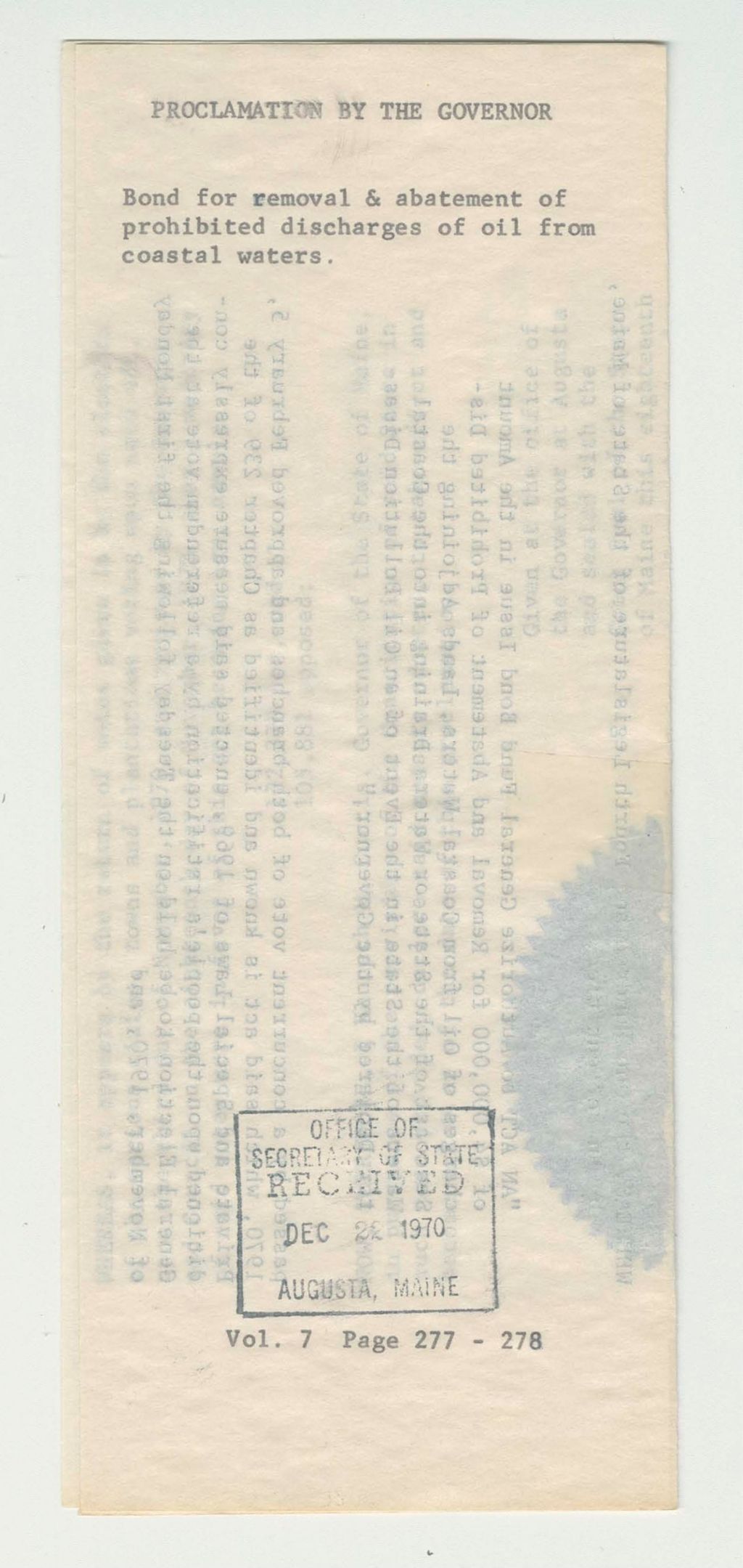 Miniature of Bond for removal and abatement of prohibited discharges of oil from coastal waters
