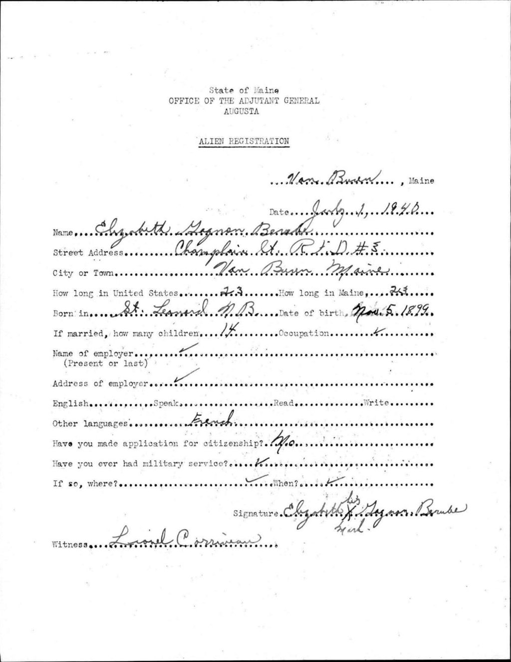Miniature of Alien Registration- Gagnon, Elizabeth (Van Buren, Aroostook County)