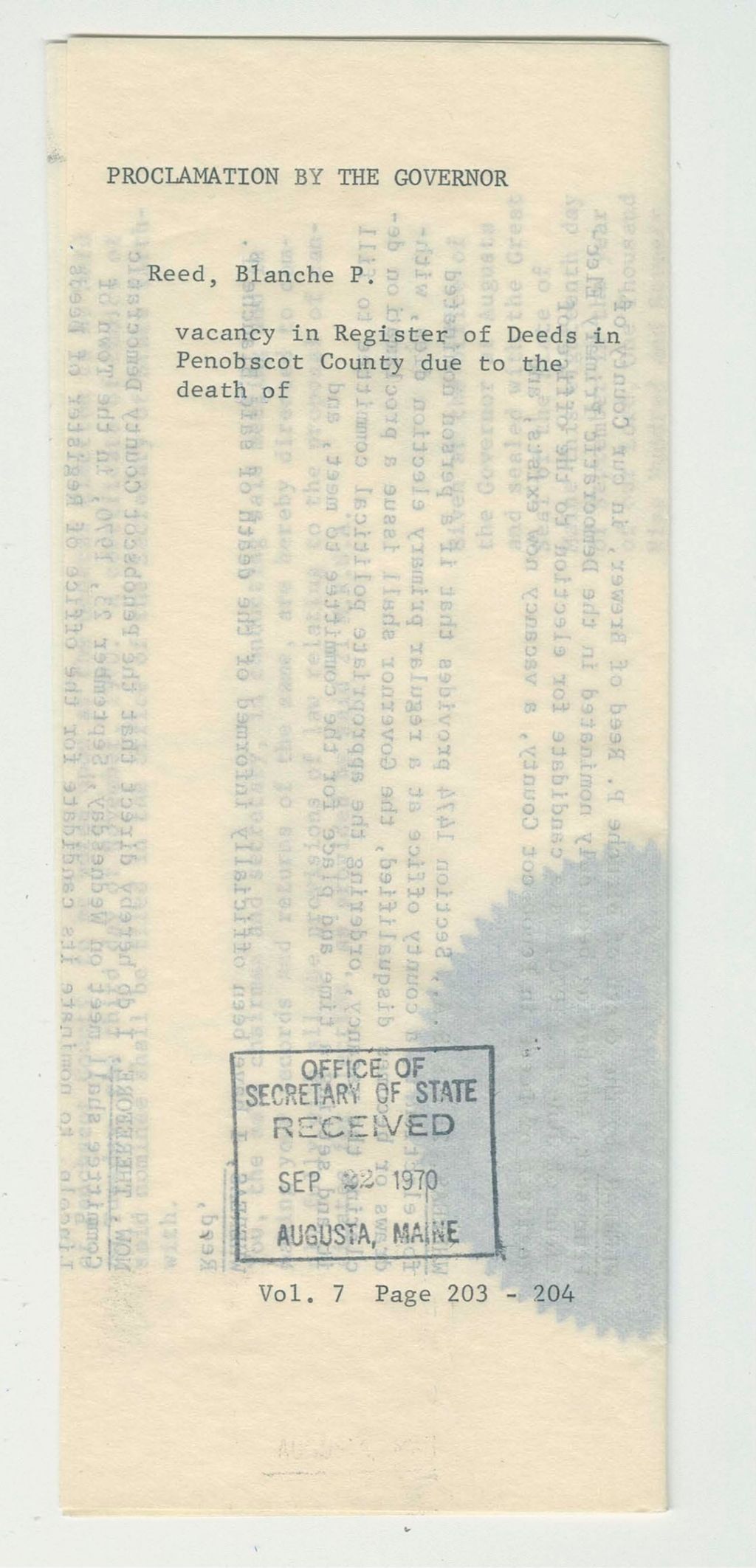 Miniature of Vacancy in register of Deeds in Penobscot County due to the death of Reed, Blanche P.