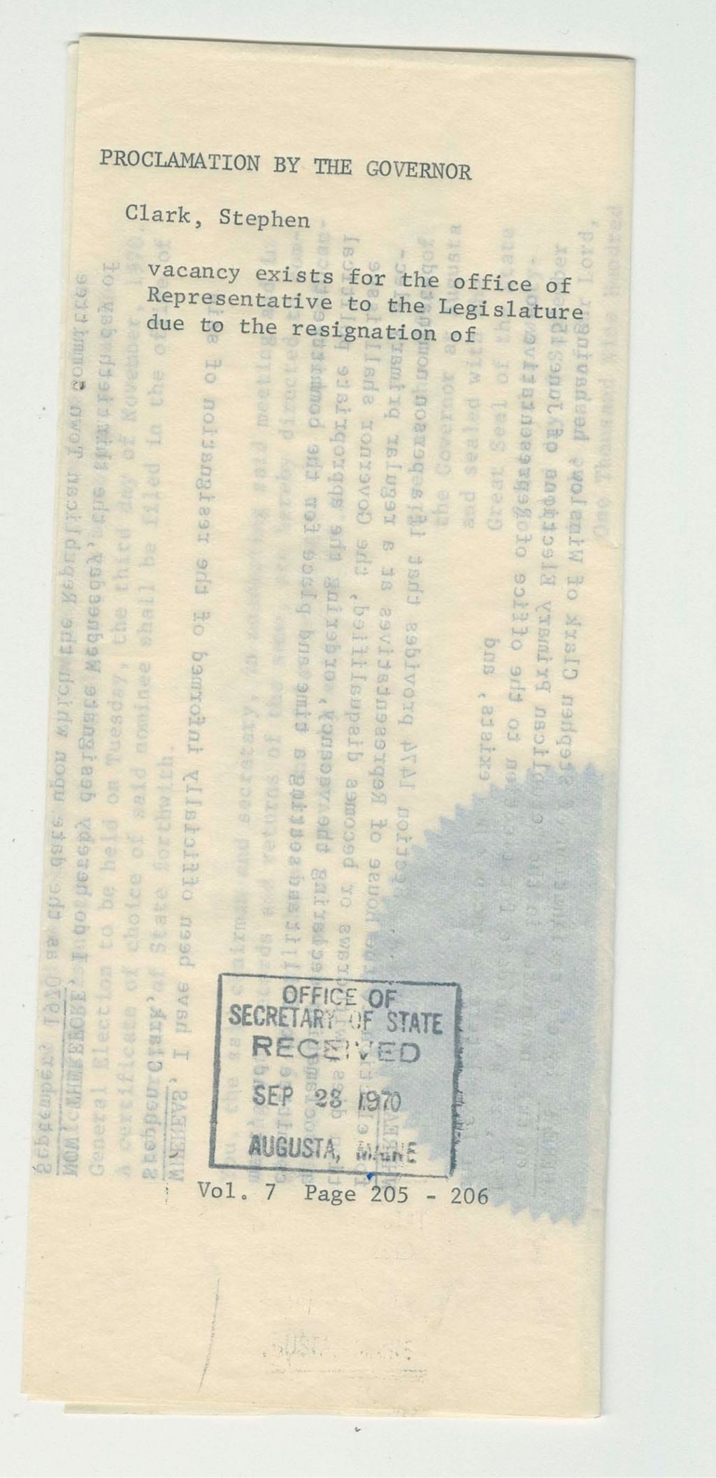 Miniature of Vacancy exists for the office of Representative to the Legislature due to the resignation of Stephen Clark