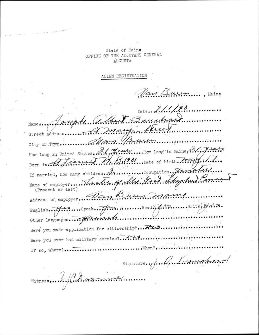 Miniature of Alien Registration- Bouchard, Joseph A. (Van Buren, Aroostook County)