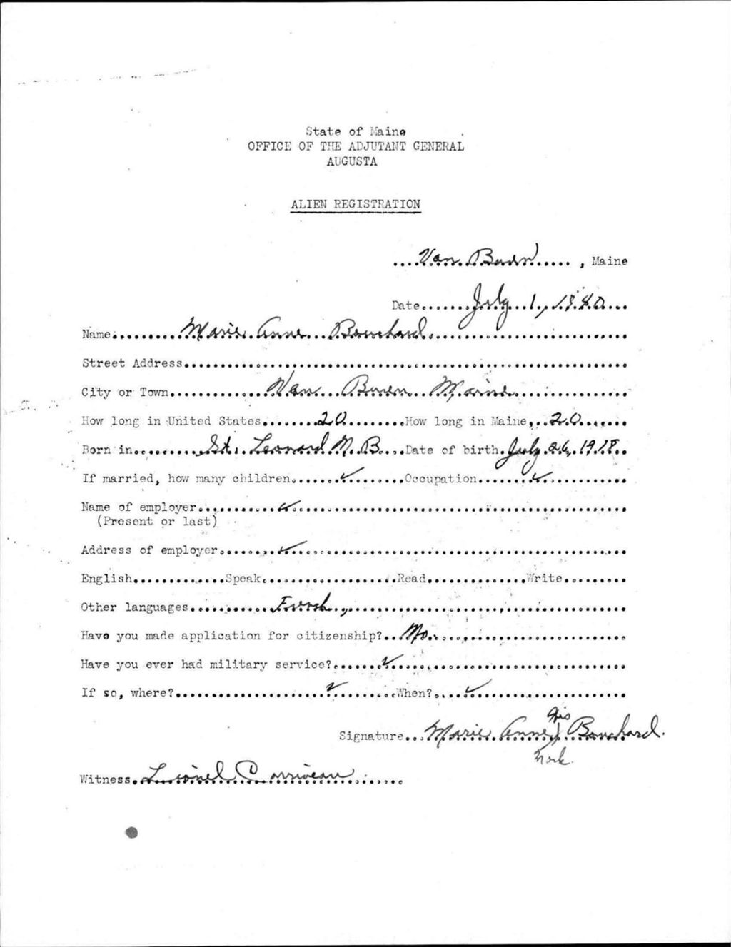 Miniature of Alien Registration- Bouchard, Marie A. (Van Buren, Aroostook County)