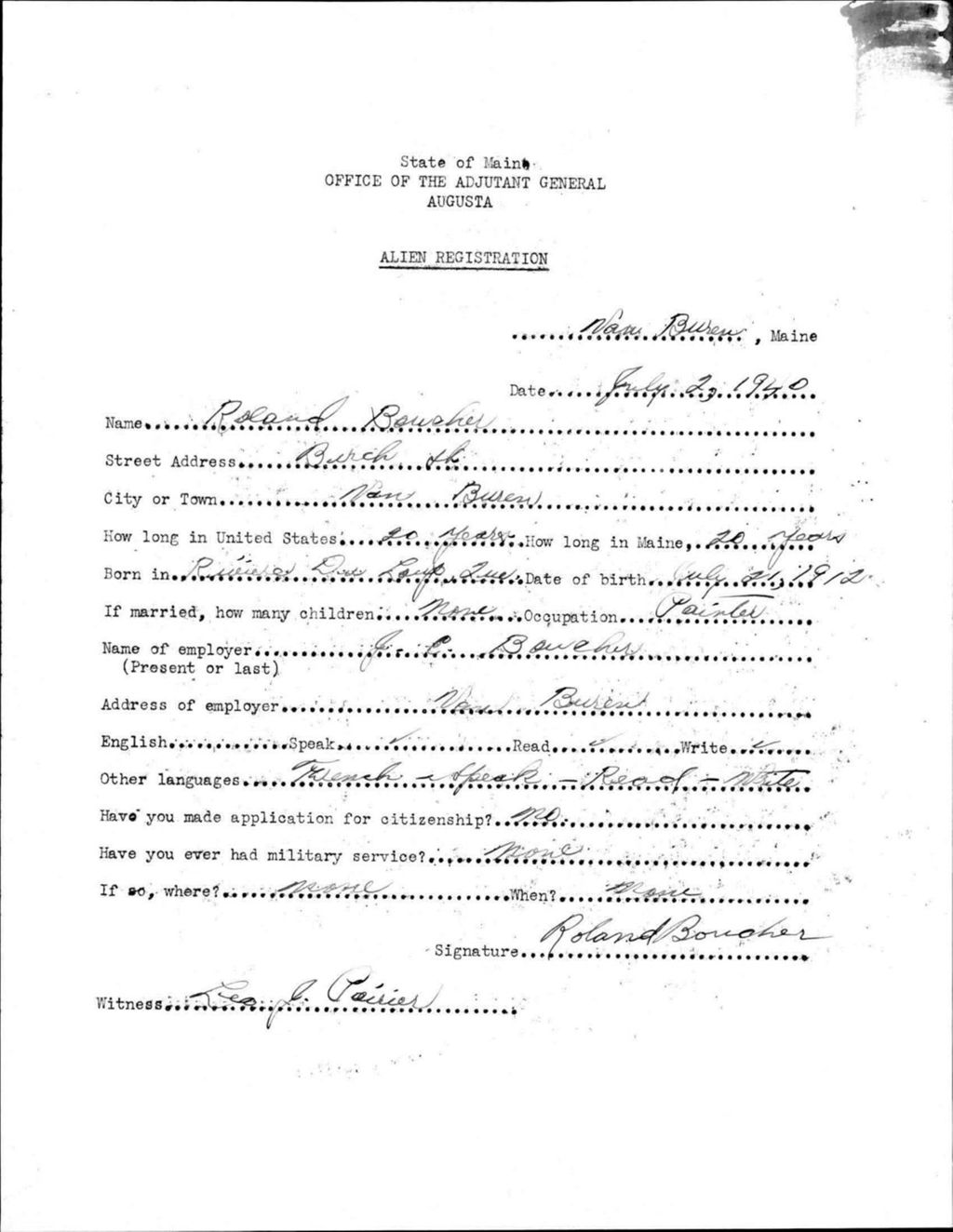 Miniature of Alien Registration- Boucher, Roland (Van Buren, Aroostook County)