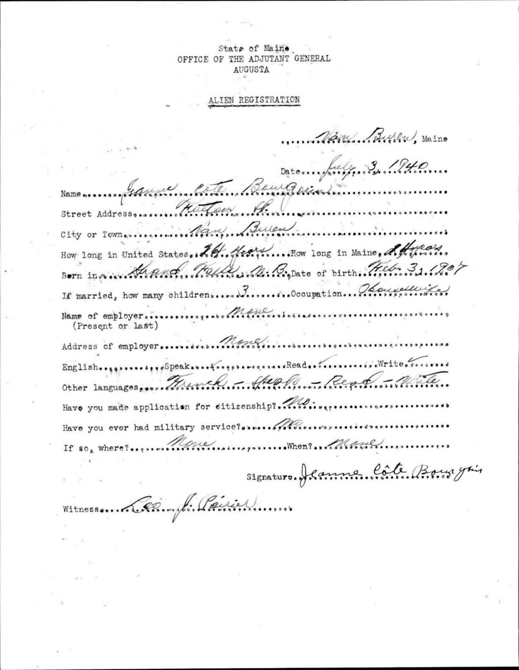 Miniature of Alien Registration- Cote, Jeanne (Van Buren, Aroostook County)
